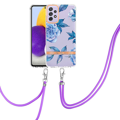 Silicone Candy Rubber Gel Fashionable Pattern Soft Case Cover with Lanyard Strap Y06B for Samsung Galaxy A72 5G Blue