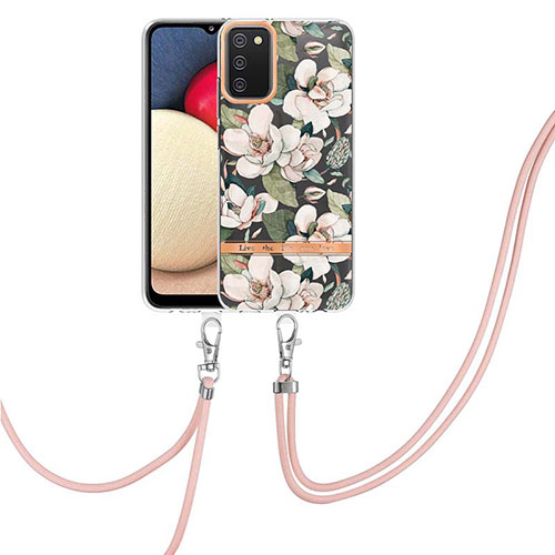 Silicone Candy Rubber Gel Fashionable Pattern Soft Case Cover with Lanyard Strap Y06B for Samsung Galaxy M02s White