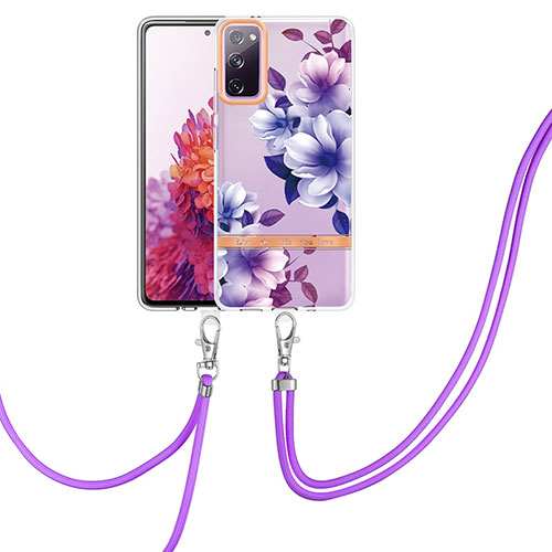 Silicone Candy Rubber Gel Fashionable Pattern Soft Case Cover with Lanyard Strap Y06B for Samsung Galaxy S20 FE (2022) 5G Purple