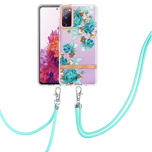 Silicone Candy Rubber Gel Fashionable Pattern Soft Case Cover with Lanyard Strap Y06B for Samsung Galaxy S20 FE 5G Cyan