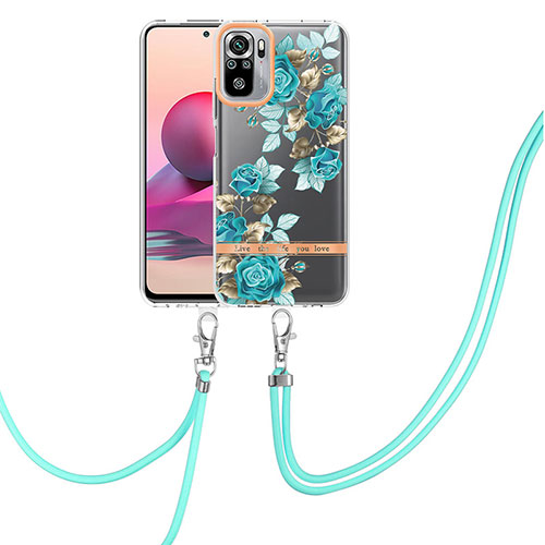 Silicone Candy Rubber Gel Fashionable Pattern Soft Case Cover with Lanyard Strap Y06B for Xiaomi Poco M5S Cyan
