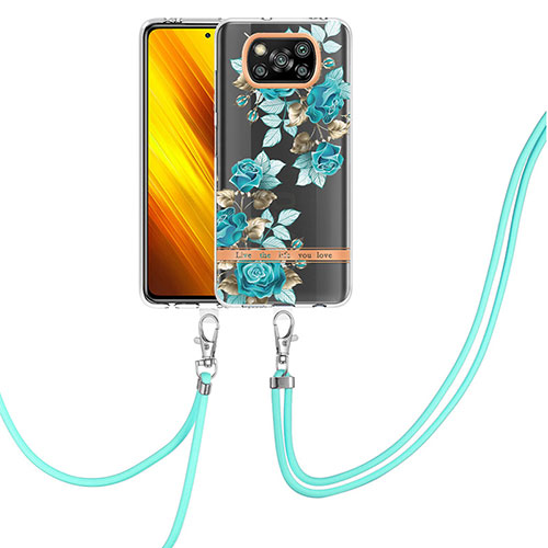 Silicone Candy Rubber Gel Fashionable Pattern Soft Case Cover with Lanyard Strap Y06B for Xiaomi Poco X3 NFC Cyan