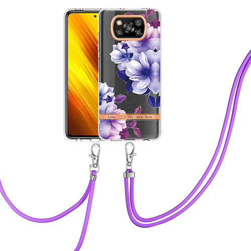 Silicone Candy Rubber Gel Fashionable Pattern Soft Case Cover with Lanyard Strap Y06B for Xiaomi Poco X3 NFC Purple