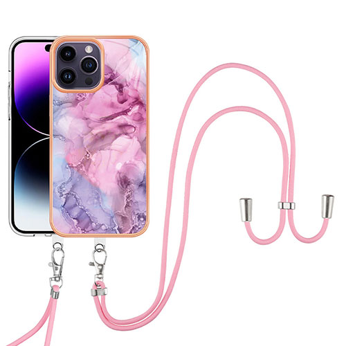 Silicone Candy Rubber Gel Fashionable Pattern Soft Case Cover with Lanyard Strap Y07B for Apple iPhone 14 Pro Max Clove Purple