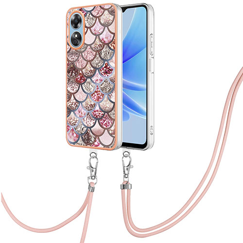 Silicone Candy Rubber Gel Fashionable Pattern Soft Case Cover with Lanyard Strap YB3 for Oppo A17 Brown