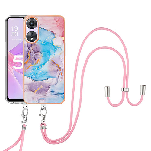 Silicone Candy Rubber Gel Fashionable Pattern Soft Case Cover with Lanyard Strap YB3 for Oppo A78 5G Blue