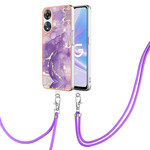 Silicone Candy Rubber Gel Fashionable Pattern Soft Case Cover with Lanyard Strap YB5 for Oppo A58 5G Purple