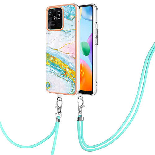 Silicone Candy Rubber Gel Fashionable Pattern Soft Case Cover with Lanyard Strap YB5 for Xiaomi Redmi 10 Power Colorful