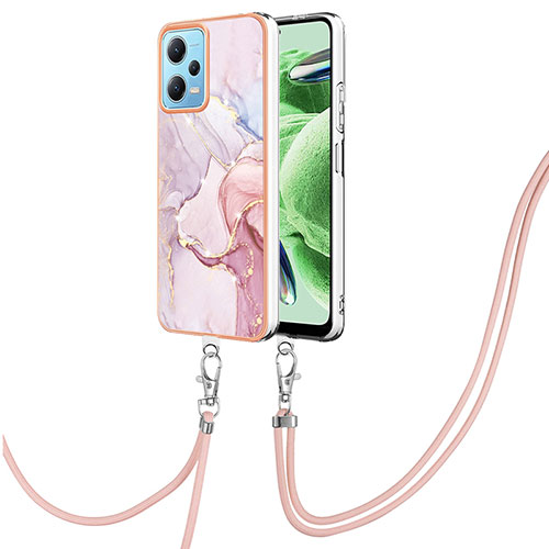 Silicone Candy Rubber Gel Fashionable Pattern Soft Case Cover with Lanyard Strap YB5 for Xiaomi Redmi Note 12 5G Pink