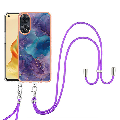 Silicone Candy Rubber Gel Fashionable Pattern Soft Case Cover with Lanyard Strap YB7 for Oppo Reno8 T 4G Purple