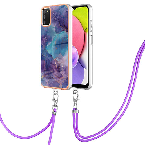 Silicone Candy Rubber Gel Fashionable Pattern Soft Case Cover with Lanyard Strap YB7 for Samsung Galaxy A02s Purple