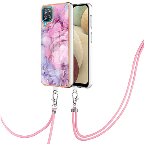 Silicone Candy Rubber Gel Fashionable Pattern Soft Case Cover with Lanyard Strap YB7 for Samsung Galaxy A12 Clove Purple