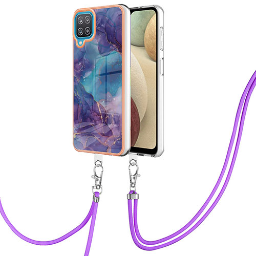 Silicone Candy Rubber Gel Fashionable Pattern Soft Case Cover with Lanyard Strap YB7 for Samsung Galaxy A12 Purple