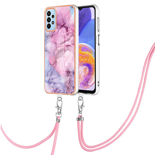 Silicone Candy Rubber Gel Fashionable Pattern Soft Case Cover with Lanyard Strap YB7 for Samsung Galaxy A23 5G Clove Purple
