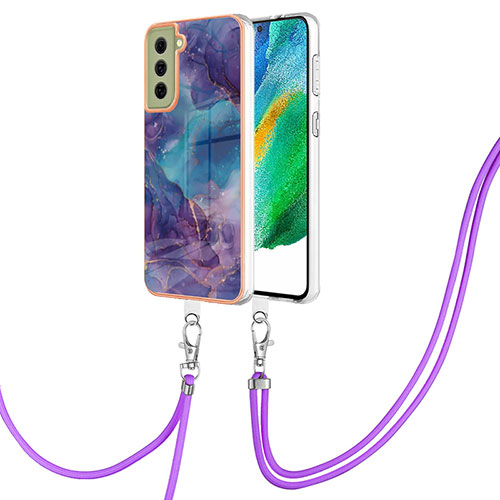 Silicone Candy Rubber Gel Fashionable Pattern Soft Case Cover with Lanyard Strap YB7 for Samsung Galaxy S21 FE 5G Purple