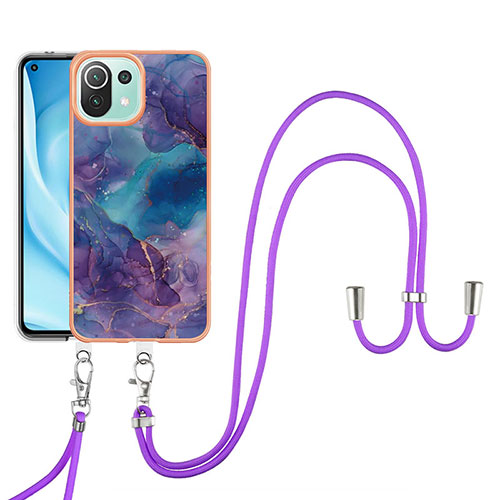 Silicone Candy Rubber Gel Fashionable Pattern Soft Case Cover with Lanyard Strap YB7 for Xiaomi Mi 11 Lite 4G Purple