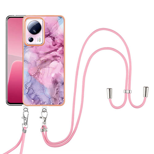 Silicone Candy Rubber Gel Fashionable Pattern Soft Case Cover with Lanyard Strap YB7 for Xiaomi Mi 13 Lite 5G Clove Purple