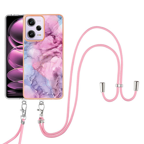 Silicone Candy Rubber Gel Fashionable Pattern Soft Case Cover with Lanyard Strap YB7 for Xiaomi Redmi Note 12 Pro 5G Clove Purple