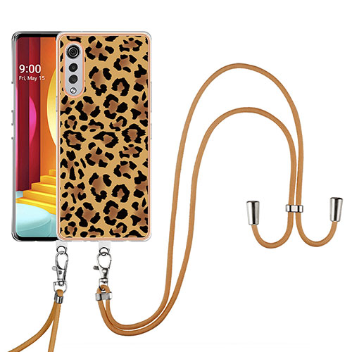 Silicone Candy Rubber Gel Fashionable Pattern Soft Case Cover with Lanyard Strap YB8 for LG Velvet 4G Brown