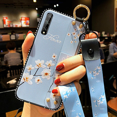 Silicone Candy Rubber Gel Flowers Soft Case Cover for Huawei Y8p Sky Blue