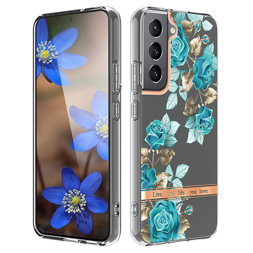 Silicone Candy Rubber Gel Flowers Soft Case Cover for Samsung Galaxy S21 FE 5G Cyan