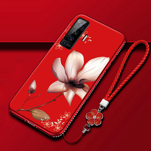 Silicone Candy Rubber Gel Flowers Soft Case Cover for Vivo X50 5G Red Wine
