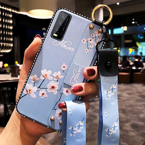 Silicone Candy Rubber Gel Flowers Soft Case Cover for Vivo Y20s Mint Blue