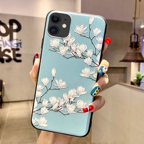 Silicone Candy Rubber Gel Flowers Soft Case Cover H07 for Apple iPhone 11 Cyan