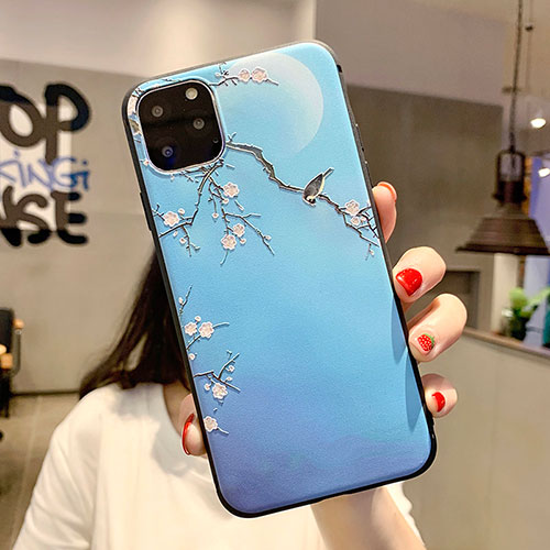 Silicone Candy Rubber Gel Flowers Soft Case Cover H08 for Apple iPhone 11 Pro Max Sky Blue