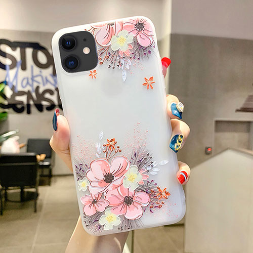 Silicone Candy Rubber Gel Flowers Soft Case Cover H11 for Apple iPhone 11 Pink