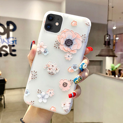 Silicone Candy Rubber Gel Flowers Soft Case Cover H19 for Apple iPhone 11 White