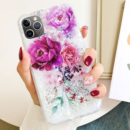 Silicone Candy Rubber Gel Flowers Soft Case Cover S01 for Apple iPhone 11 Pro Max Purple