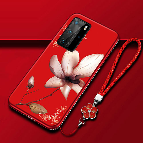 Silicone Candy Rubber Gel Flowers Soft Case Cover S01 for Huawei P40 Pro Red Wine