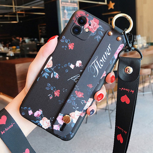 Silicone Candy Rubber Gel Flowers Soft Case Cover S02 for Apple iPhone 12 Black