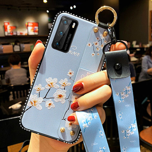 Silicone Candy Rubber Gel Flowers Soft Case Cover S02 for Huawei P40 Sky Blue