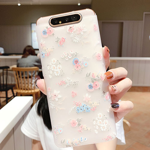 Silicone Candy Rubber Gel Flowers Soft Case Cover S03 for Samsung Galaxy A80 Pink