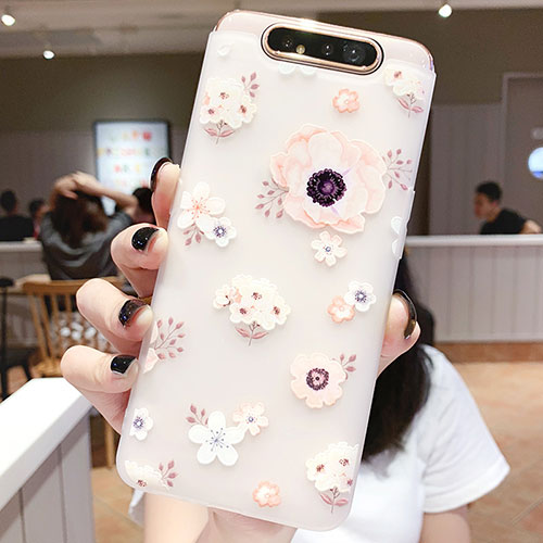 Silicone Candy Rubber Gel Flowers Soft Case Cover S04 for Samsung Galaxy A80 Pink