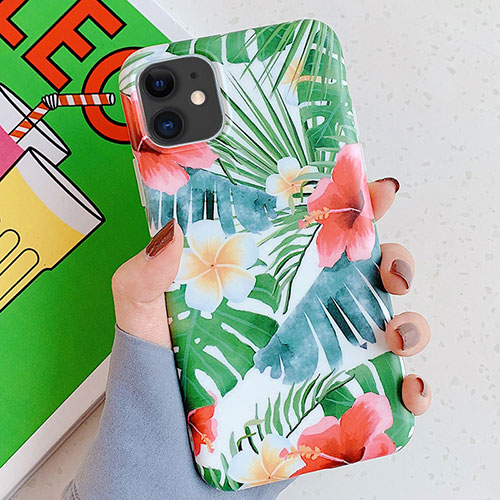 Silicone Candy Rubber Gel Flowers Soft Case Cover S06 for Apple iPhone 11 Green