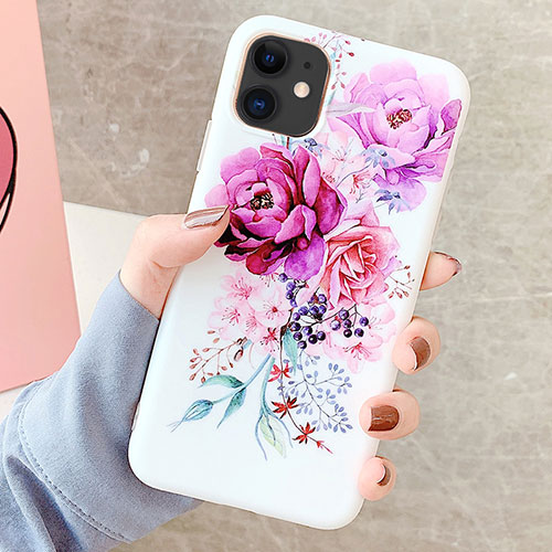Silicone Candy Rubber Gel Flowers Soft Case Cover S06 for Apple iPhone 11 Purple