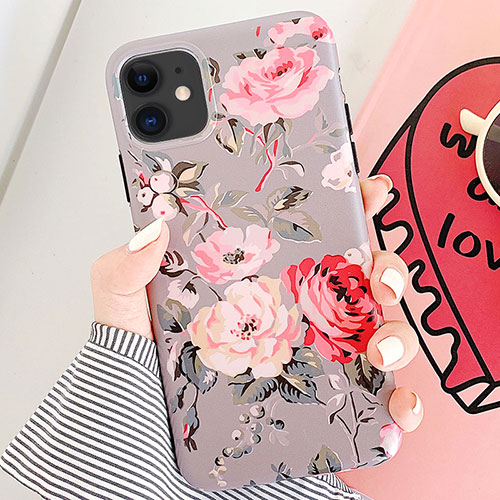 Silicone Candy Rubber Gel Flowers Soft Case Cover S07 for Apple iPhone 11 Rose Gold