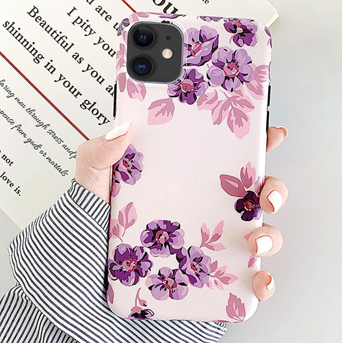 Silicone Candy Rubber Gel Flowers Soft Case Cover S08 for Apple iPhone 11 Purple
