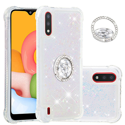 Silicone Candy Rubber TPU Bling-Bling Soft Case Cover with Finger Ring Stand S01 for Samsung Galaxy A01 SM-A015 White