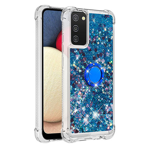 Silicone Candy Rubber TPU Bling-Bling Soft Case Cover with Finger Ring Stand S01 for Samsung Galaxy A02s Blue