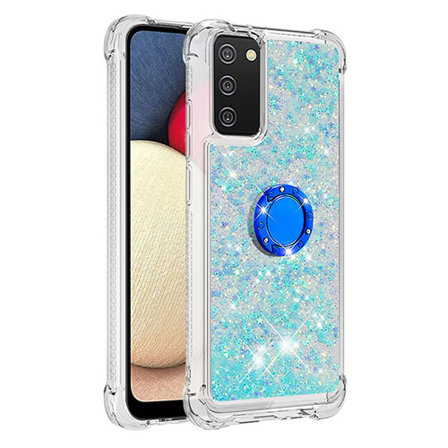 Silicone Candy Rubber TPU Bling-Bling Soft Case Cover with Finger Ring Stand S01 for Samsung Galaxy A02s Cyan