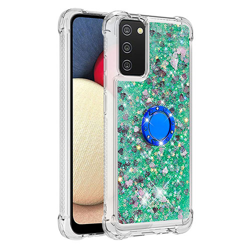 Silicone Candy Rubber TPU Bling-Bling Soft Case Cover with Finger Ring Stand S01 for Samsung Galaxy A02s Green