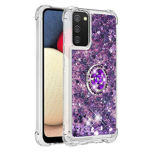 Silicone Candy Rubber TPU Bling-Bling Soft Case Cover with Finger Ring Stand S01 for Samsung Galaxy A02s Purple