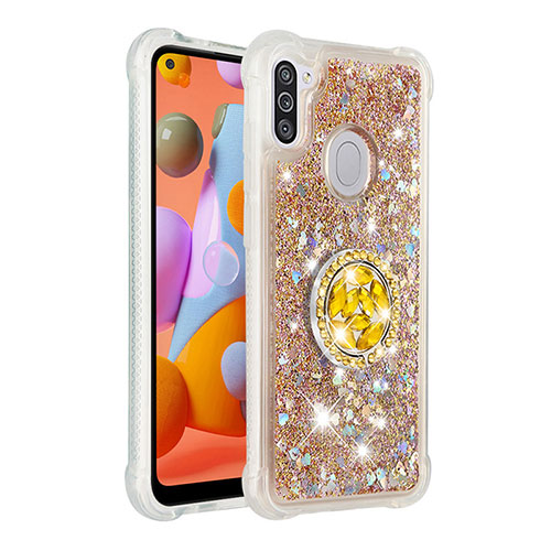 Silicone Candy Rubber TPU Bling-Bling Soft Case Cover with Finger Ring Stand S01 for Samsung Galaxy A11 Gold