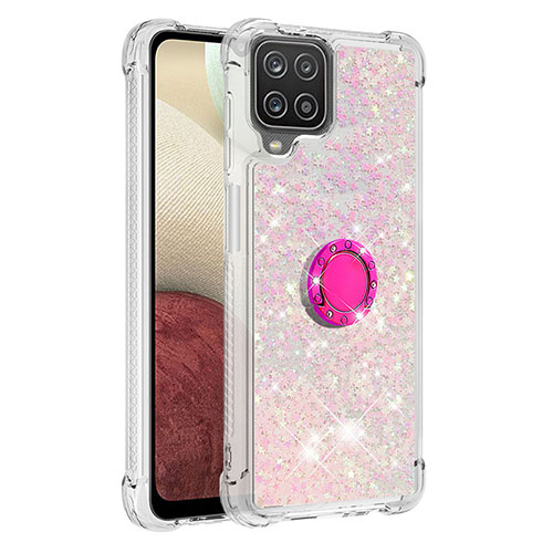 Silicone Candy Rubber TPU Bling-Bling Soft Case Cover with Finger Ring Stand S01 for Samsung Galaxy A12 Nacho Pink
