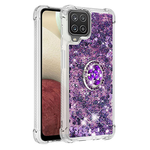 Silicone Candy Rubber TPU Bling-Bling Soft Case Cover with Finger Ring Stand S01 for Samsung Galaxy A12 Nacho Purple