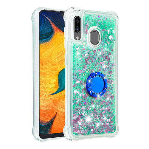 Silicone Candy Rubber TPU Bling-Bling Soft Case Cover with Finger Ring Stand S01 for Samsung Galaxy A20 Green